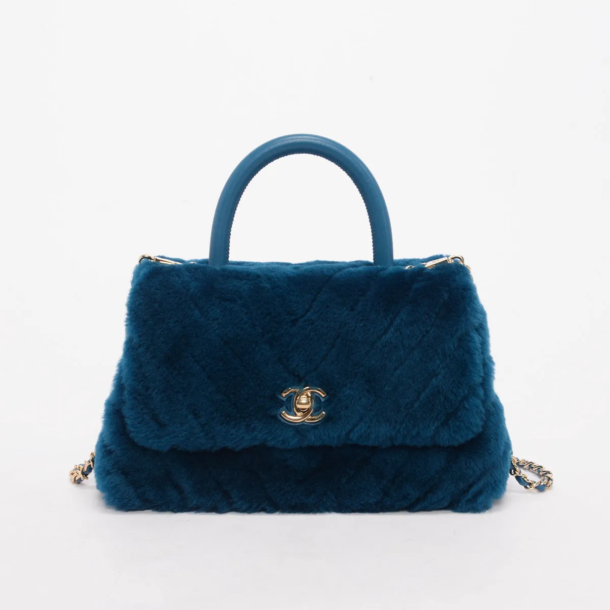 Chanel Teal Shearling Small Coco Handle Bag