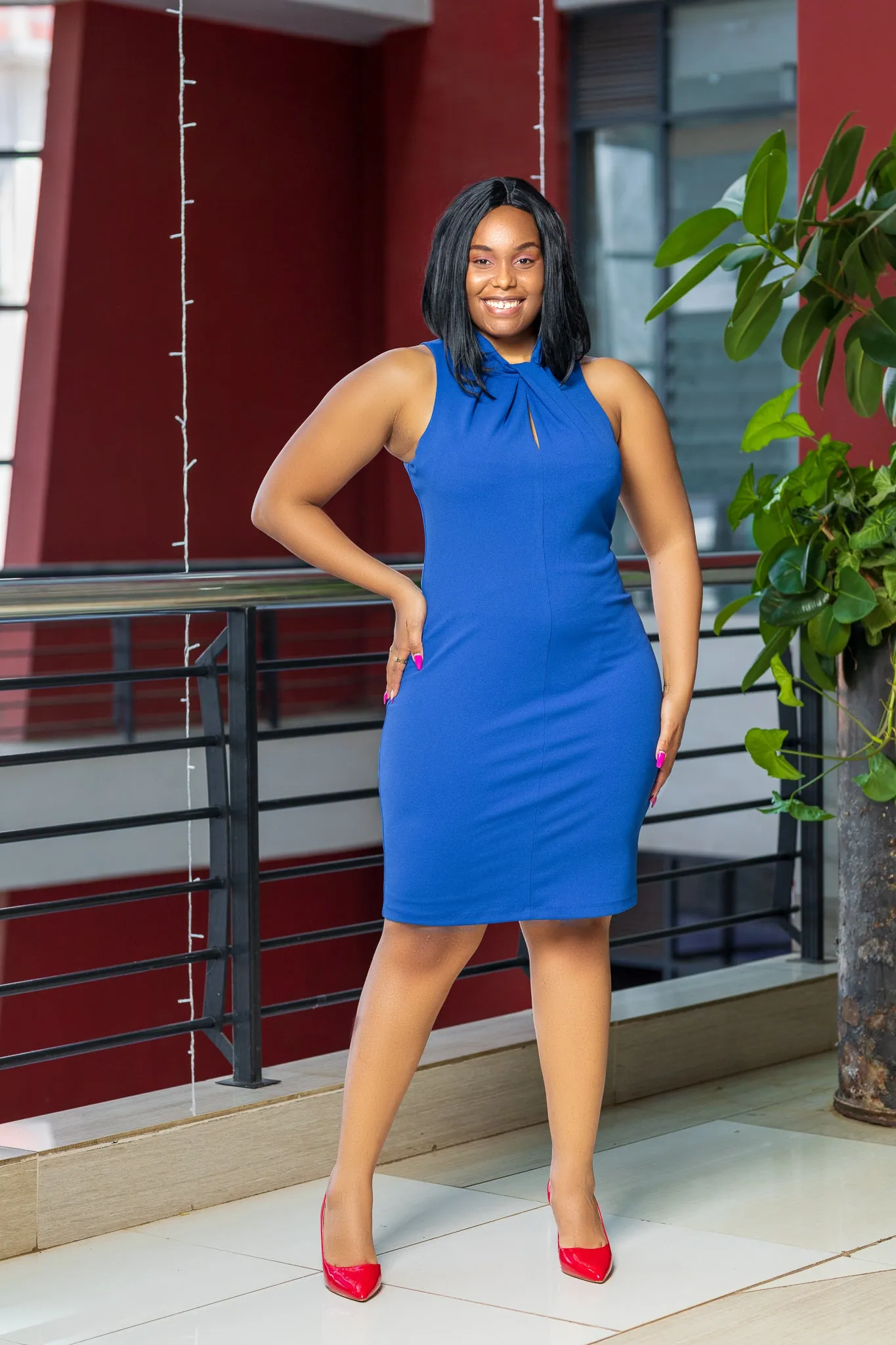 Deep blue high neck straight dress