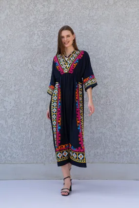 Eccentric Navy blue cotton caftan, Short embroidered Cotton caftan dress, African women clothing, Bohemian maxi dress, Boho caftan, caftans