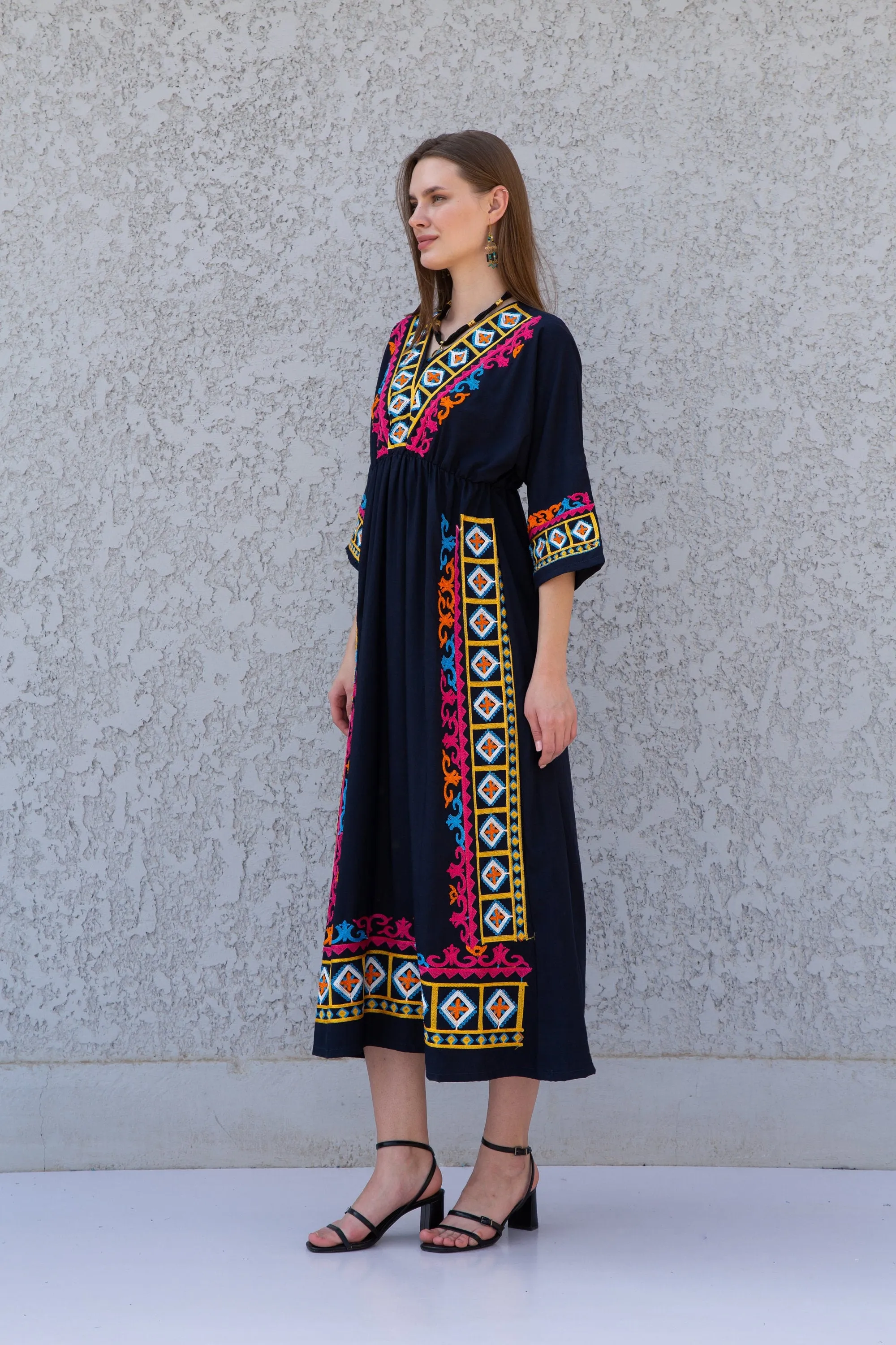 Eccentric Navy blue cotton caftan, Short embroidered Cotton caftan dress, African women clothing, Bohemian maxi dress, Boho caftan, caftans