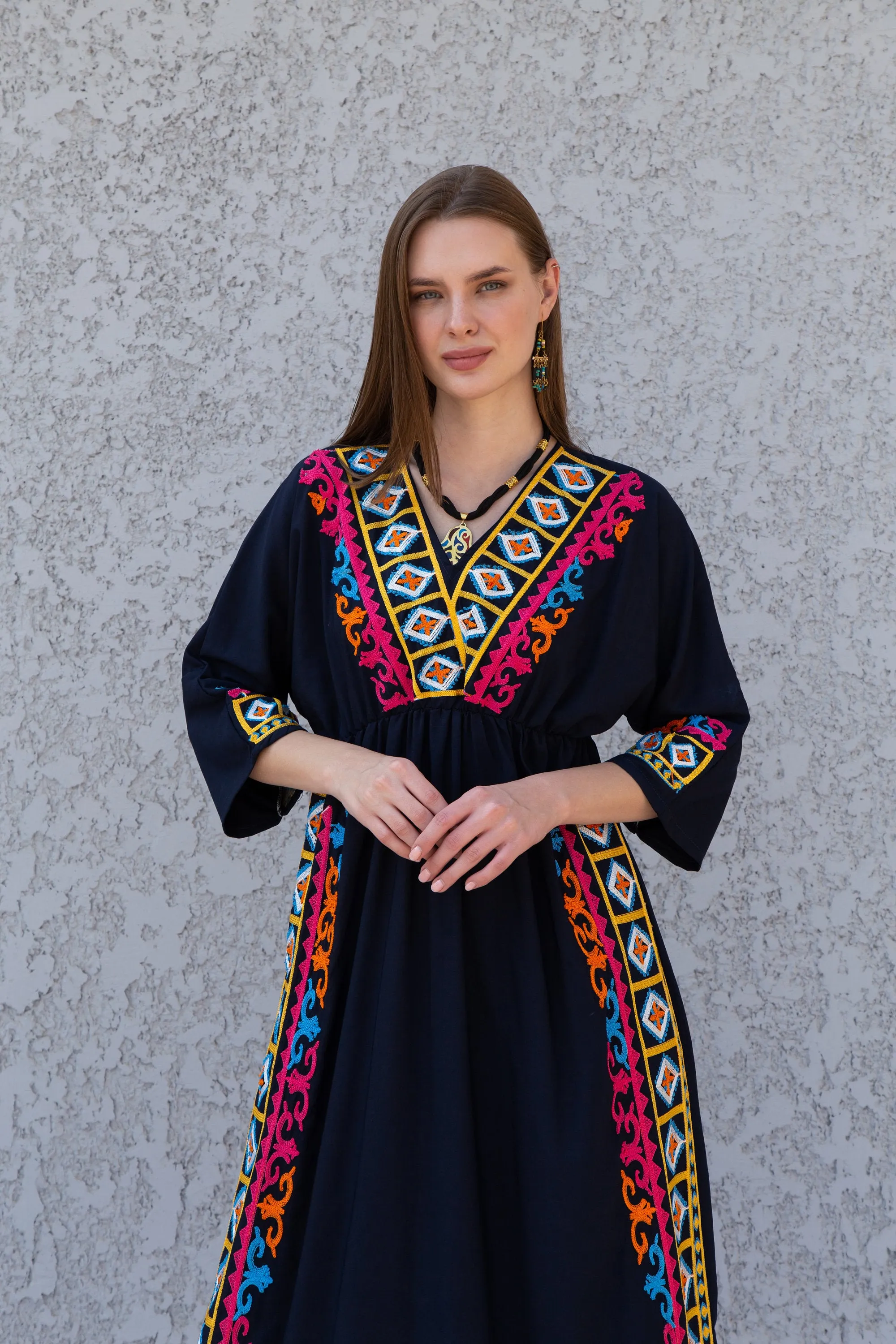 Eccentric Navy blue cotton caftan, Short embroidered Cotton caftan dress, African women clothing, Bohemian maxi dress, Boho caftan, caftans