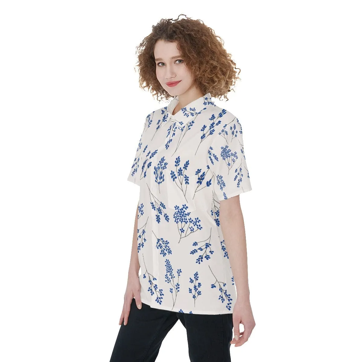 Ecru Blue Floral - Women's Short Sleeve Shirt With Pocket