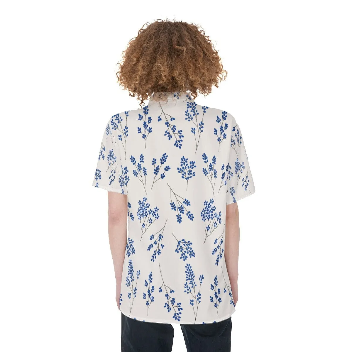 Ecru Blue Floral - Women's Short Sleeve Shirt With Pocket