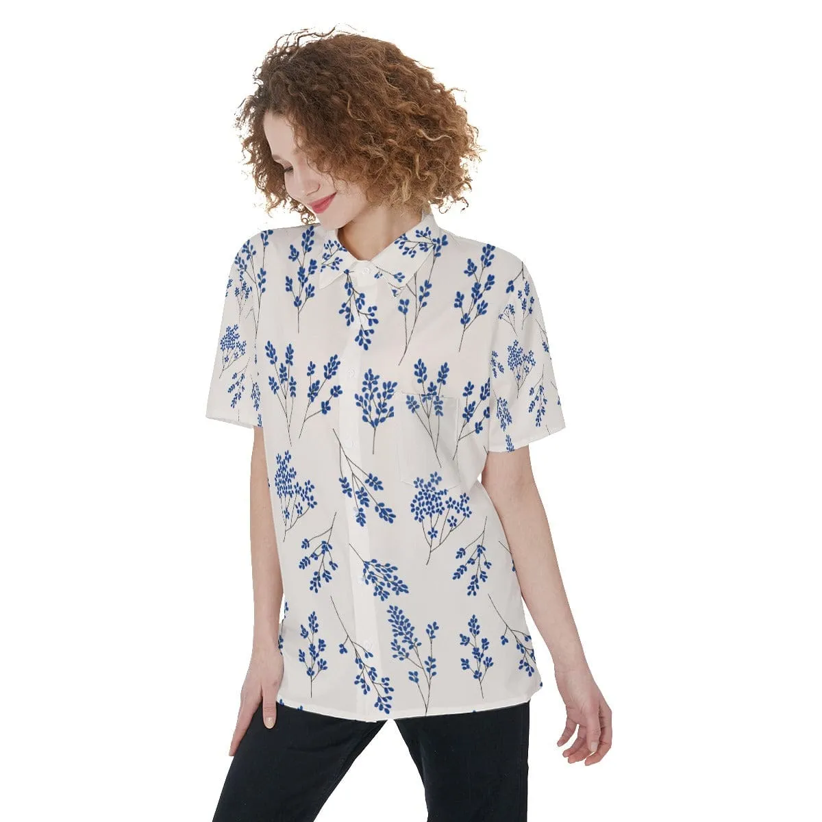 Ecru Blue Floral - Women's Short Sleeve Shirt With Pocket