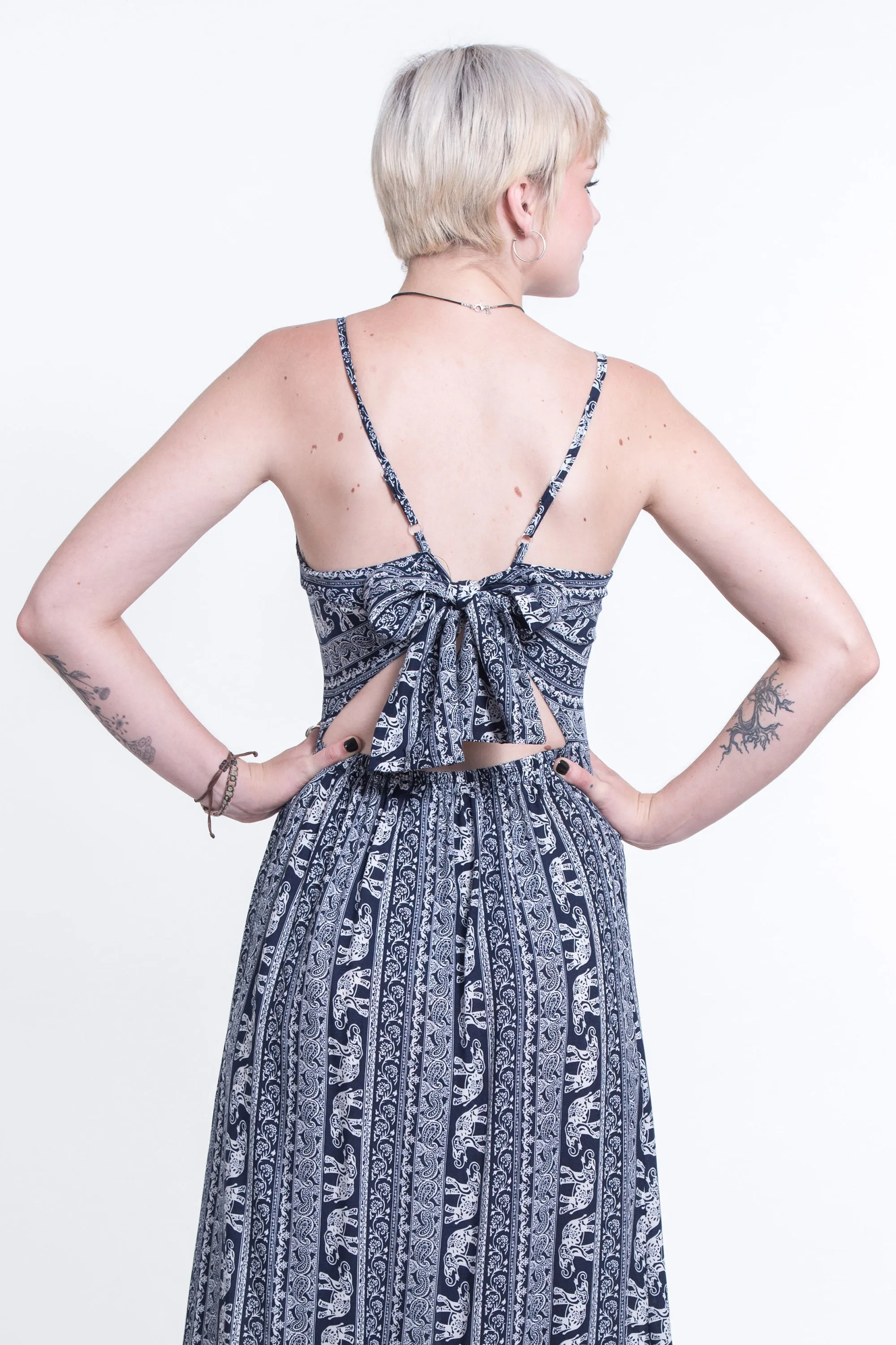 Elephant Paisley Tie Back Maxi Dress in Navy