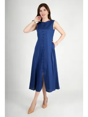 Exude Glowing Front Button Dress With Pockets (Royal Blue)