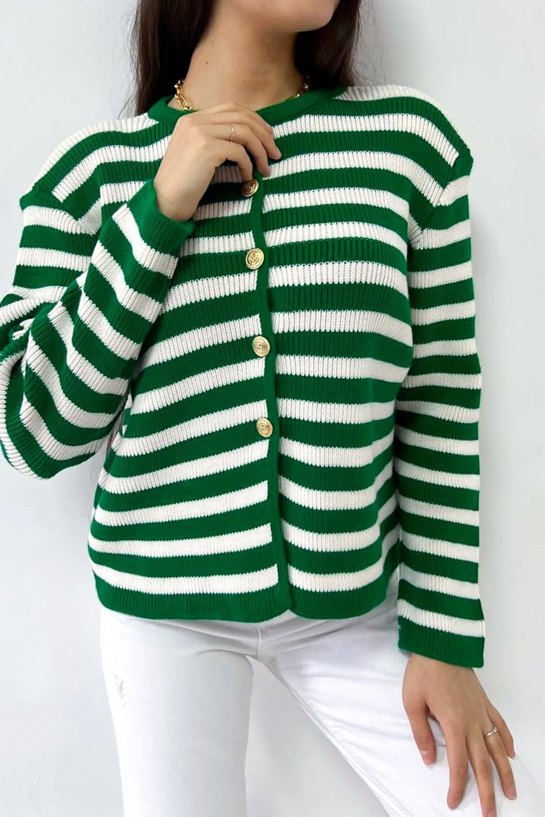 Female Striped Bike Collar Homeland Gold Button Detailed Knitwear Cardigan