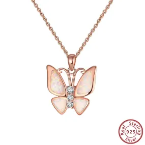 Fire Opal Butterfly Pendant 925 Sterling Silver Necklace