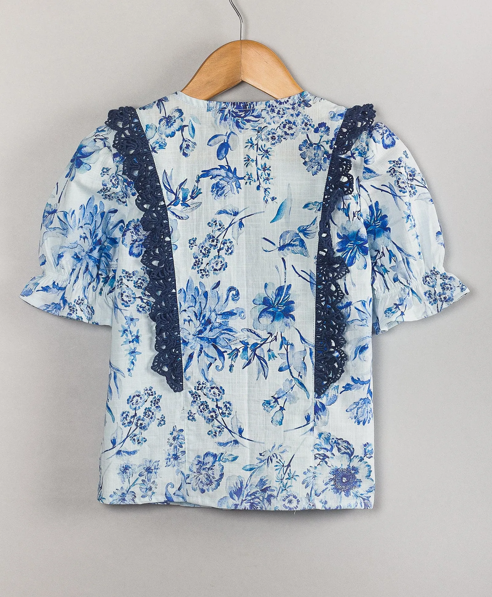 Floral top cotton with navy lace at side fronts -Blue & white