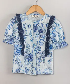 Floral top cotton with navy lace at side fronts -Blue & white