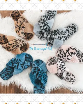 Fluffy Leopard Criss Cross Leopard Peep Toe Slippers