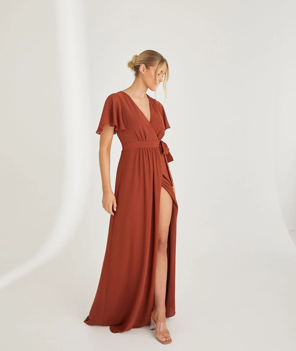 Flutter Sleeve Wrap Tie Chiffon Bridesmaid Dress - Rust