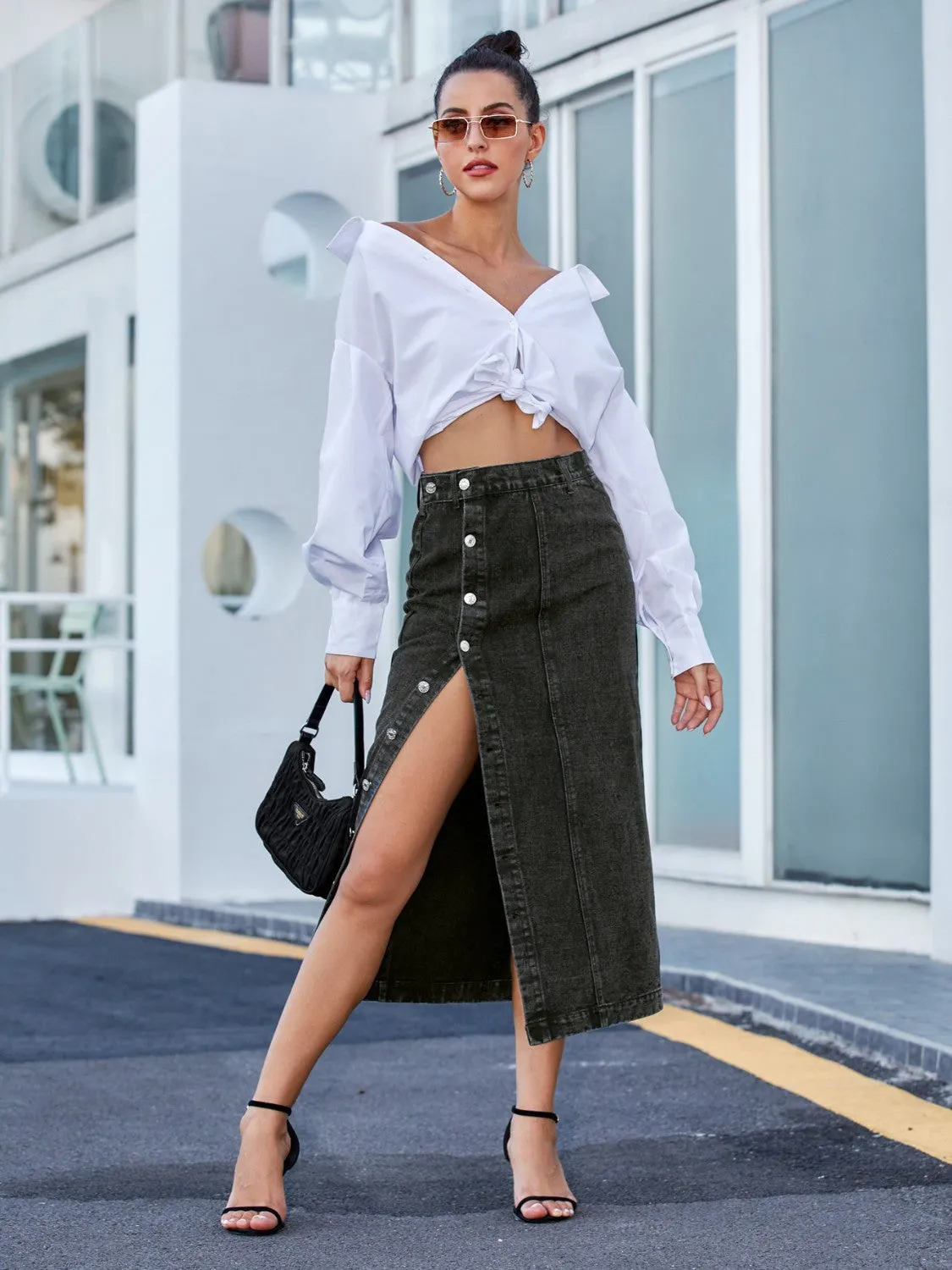 French Blue Button Down Denim Skirt