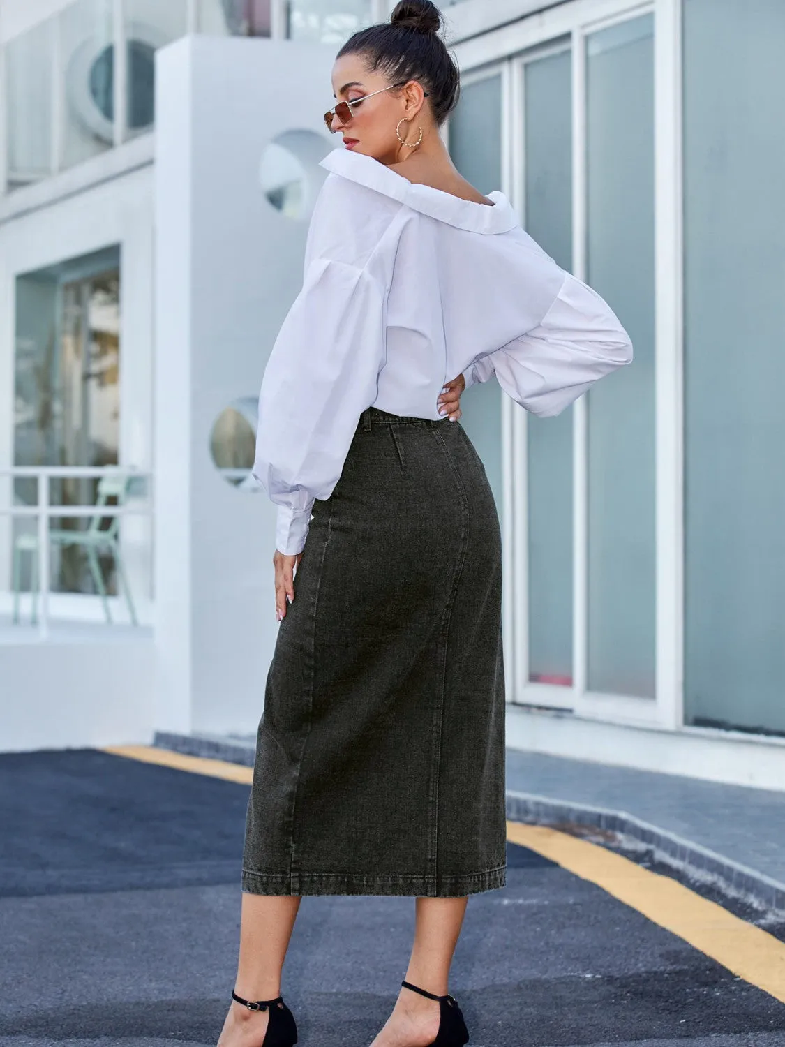 French Blue Button Down Denim Skirt