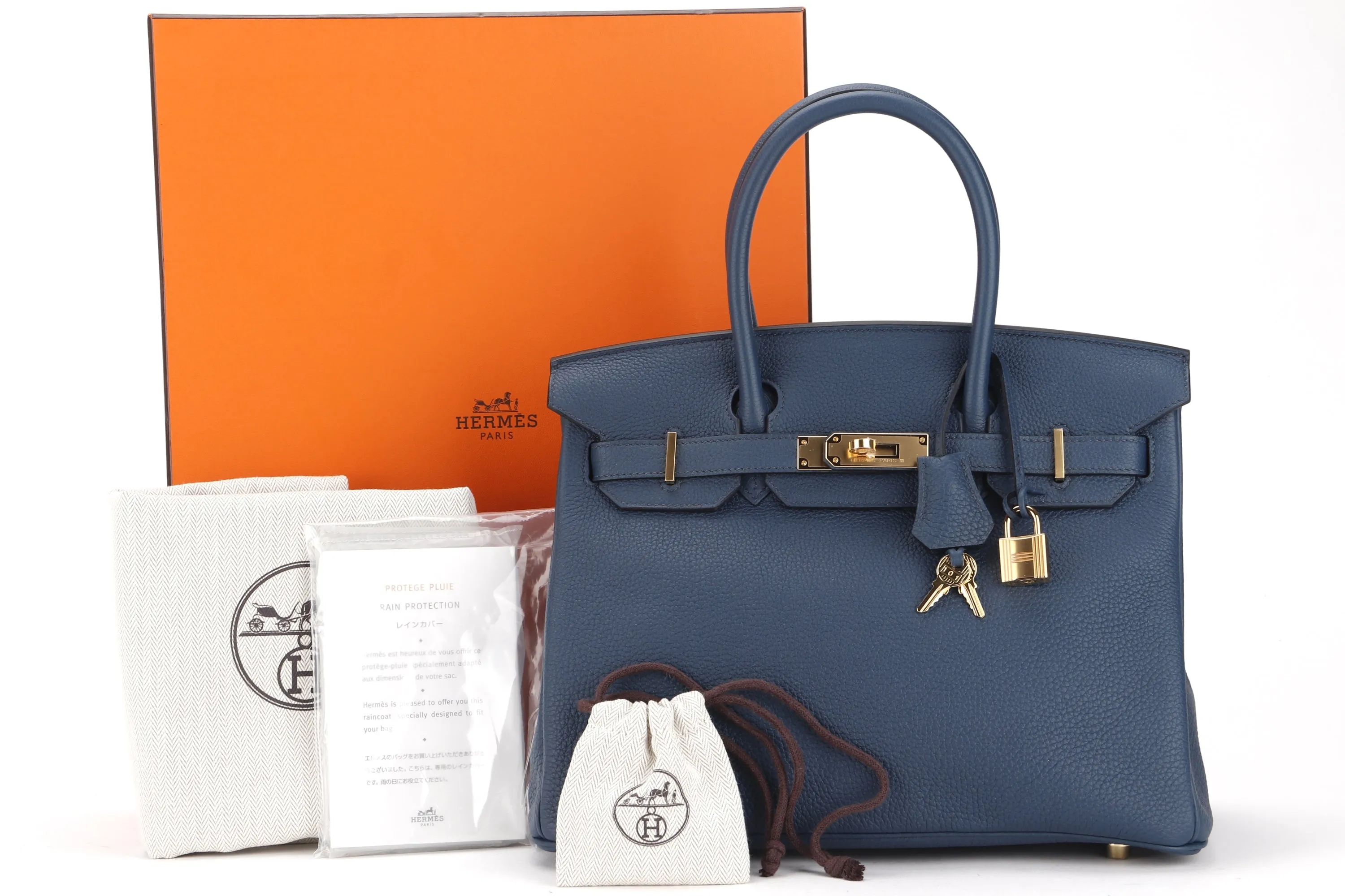 HERMES BIRKIN 30 (STAMP Z) BLUE DE PRUSSE TOGO LEATHER GOLD HARDWARE, WITH KEYS, LOCK, RAINCOAT, DUST COVER & BOX