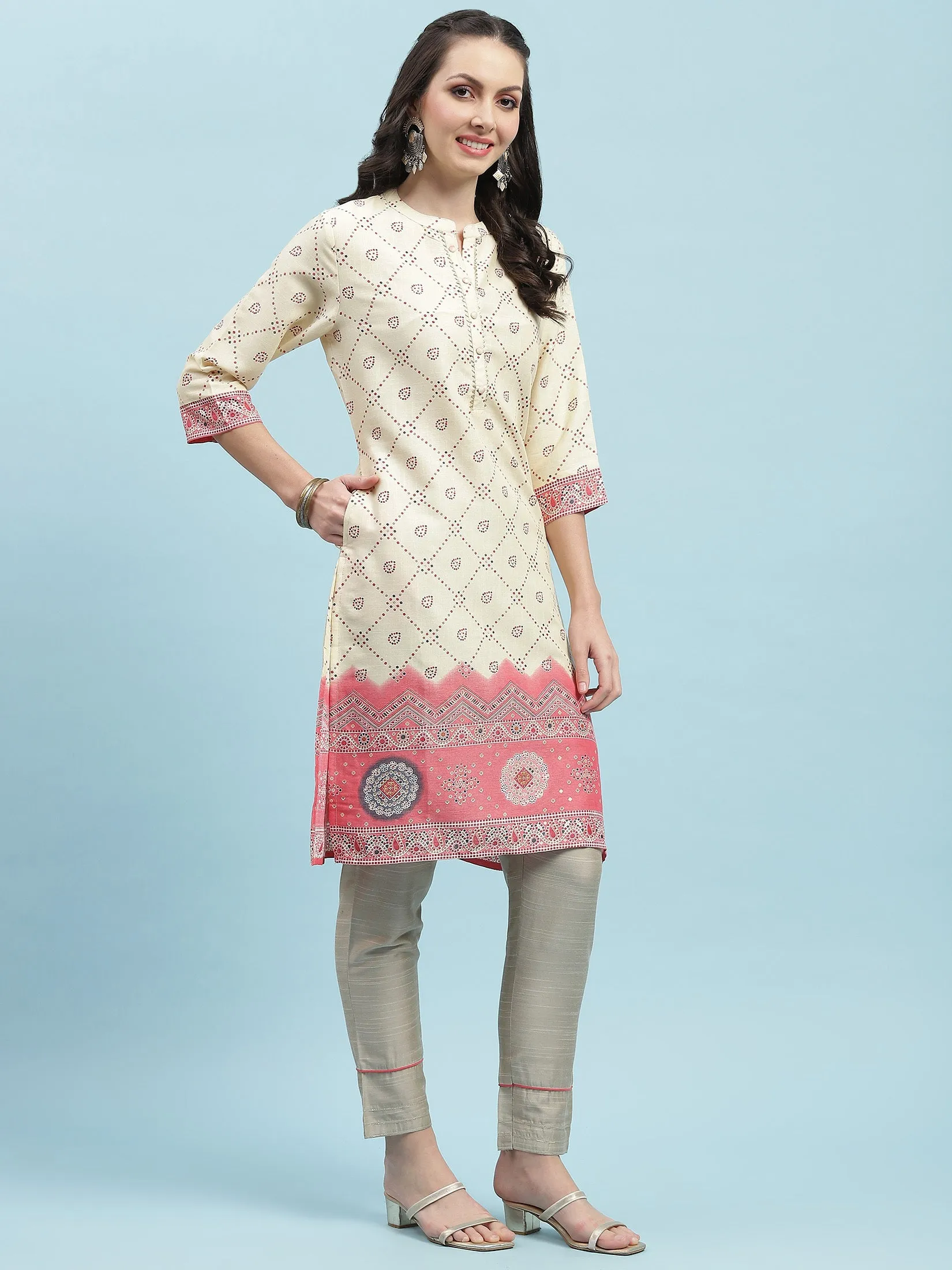 Indiessence Beige Ornamental Printed Kurta