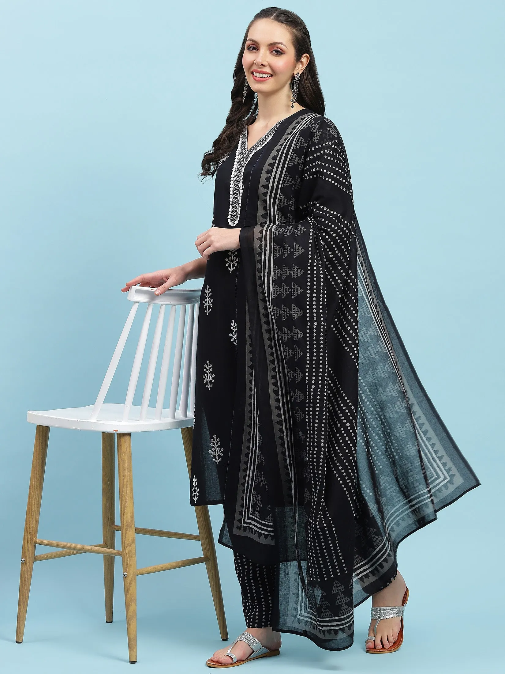 Indiessence Black Printed Kurta Trouser Dupatta