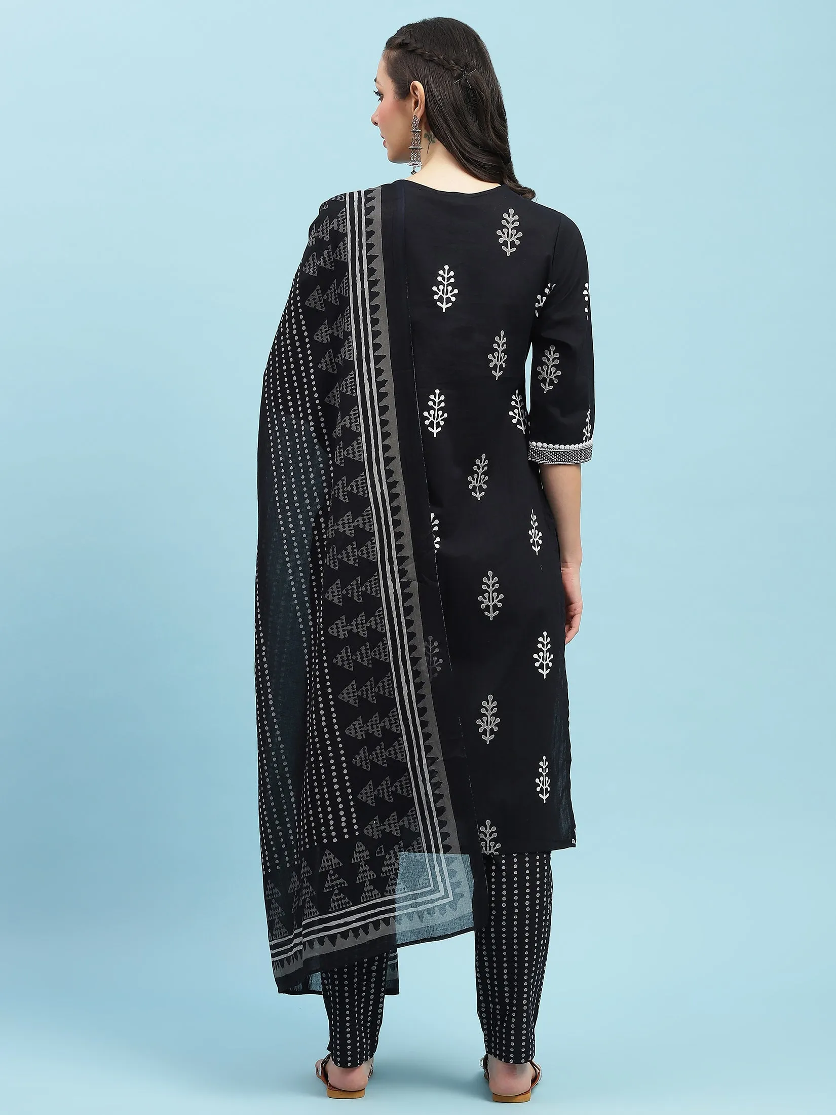 Indiessence Black Printed Kurta Trouser Dupatta