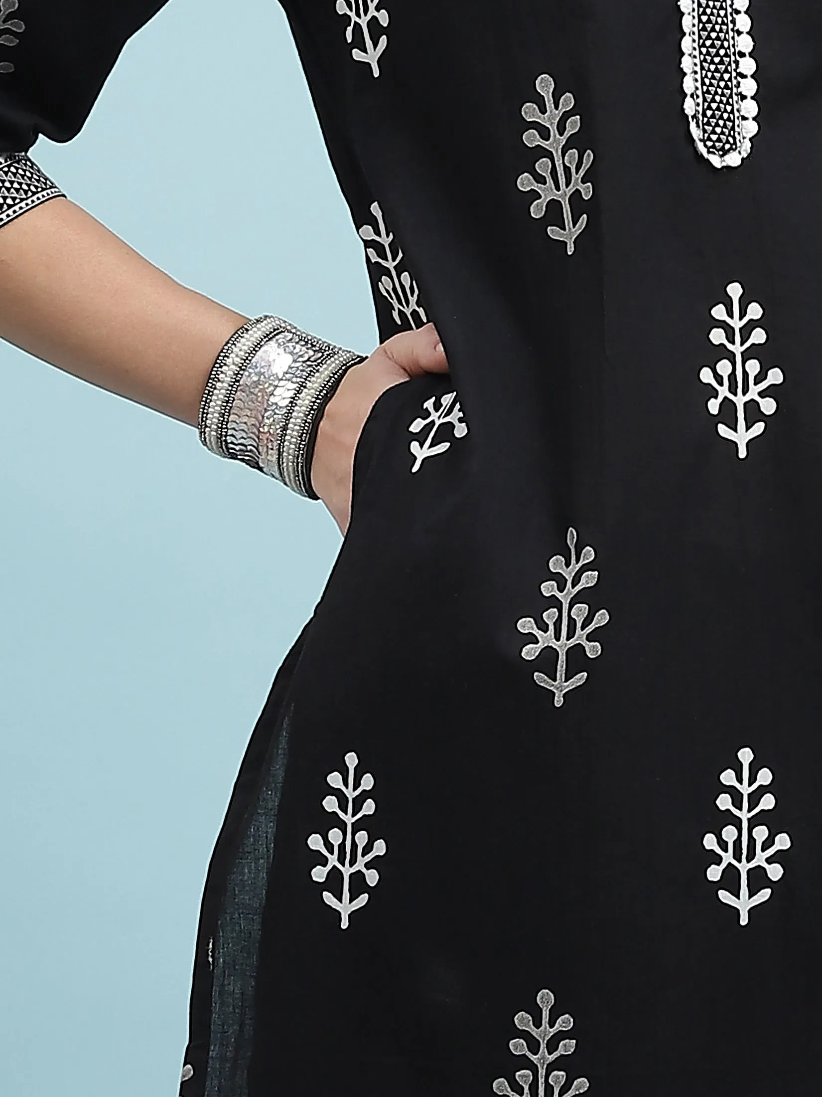 Indiessence Black Printed Kurta Trouser Dupatta