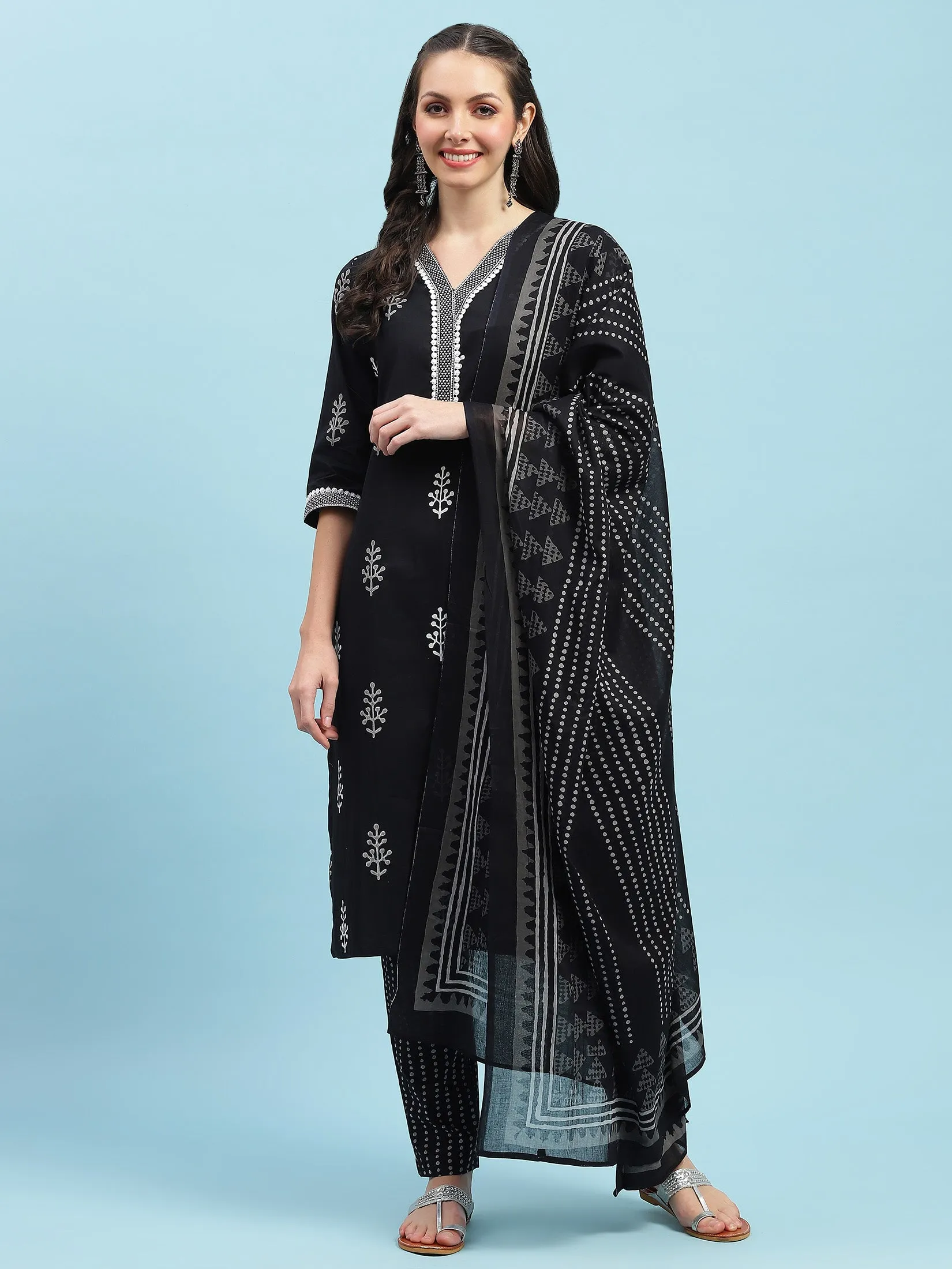 Indiessence Black Printed Kurta Trouser Dupatta