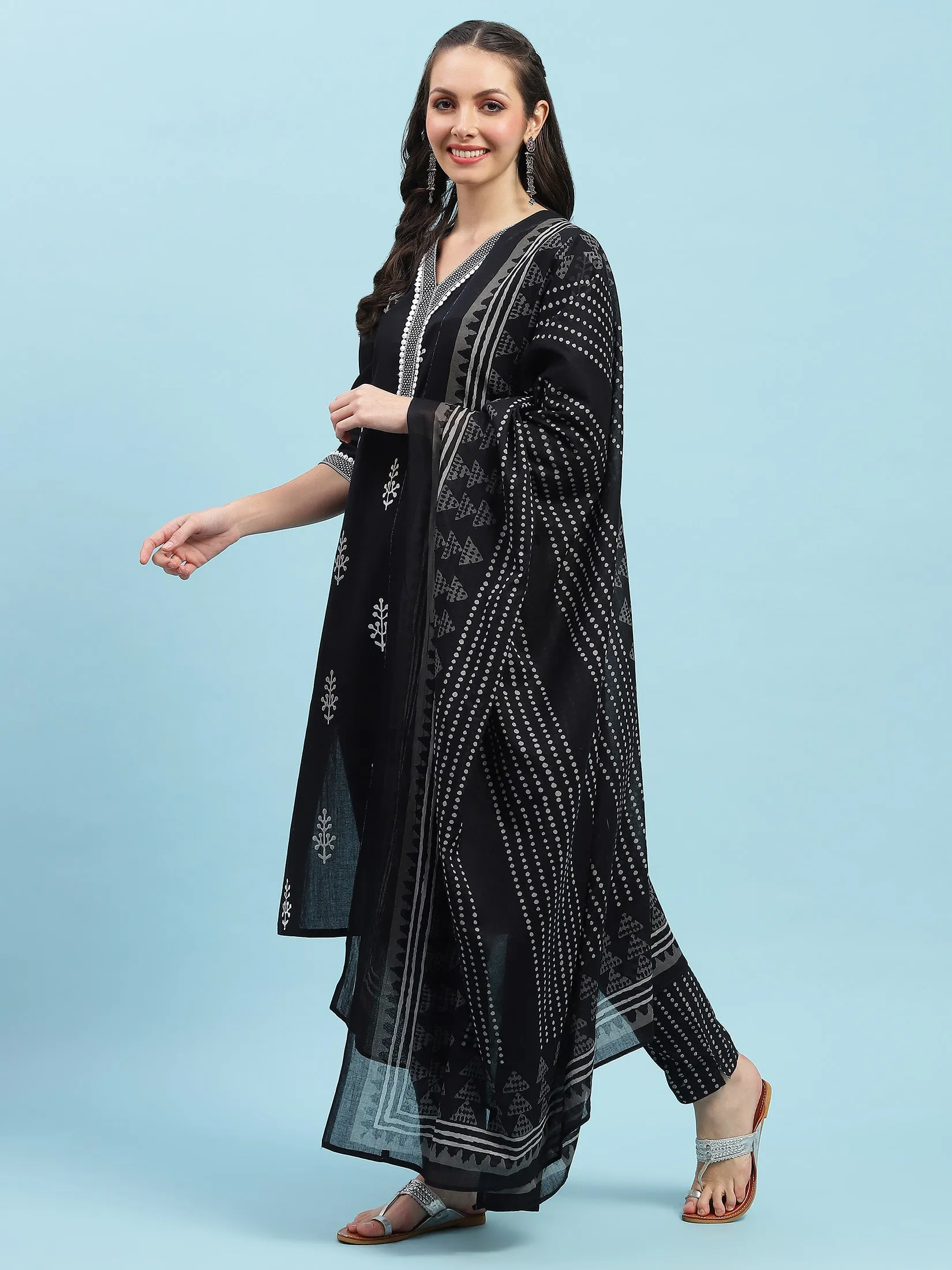 Indiessence Black Printed Kurta Trouser Dupatta