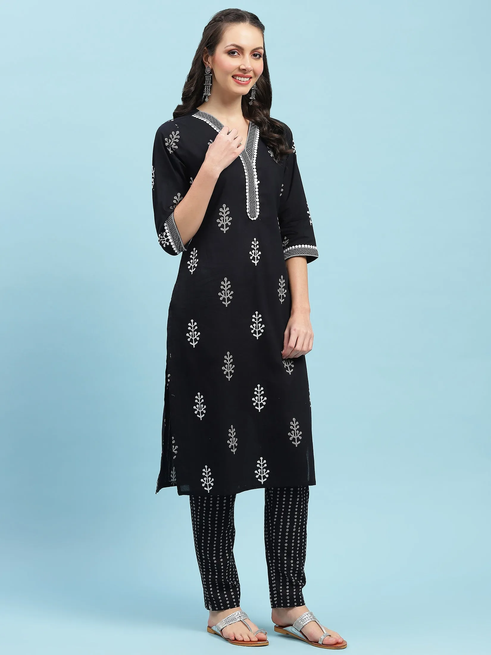 Indiessence Black Printed Kurta Trouser Dupatta