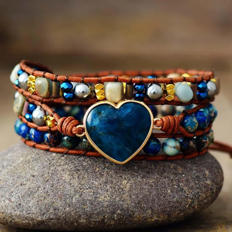 Jasper & Blue Apatite Heart Charm Wrap Bracelet