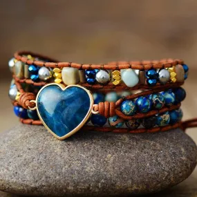 Jasper & Blue Apatite Heart Charm Wrap Bracelet