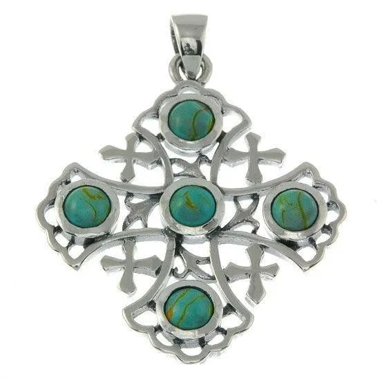 Jerusalem Cross Sterling Silver 925 Pendant With 5 Blue Gemstone