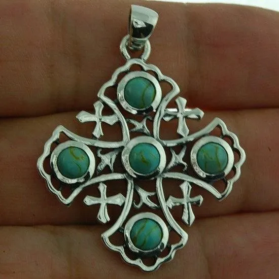 Jerusalem Cross Sterling Silver 925 Pendant With 5 Blue Gemstone