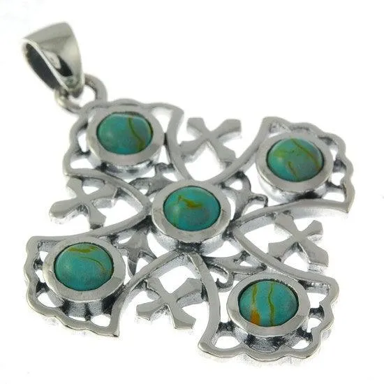 Jerusalem Cross Sterling Silver 925 Pendant With 5 Blue Gemstone