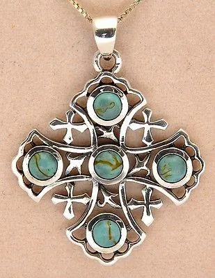 Jerusalem Cross Sterling Silver 925 Pendant With 5 Blue Gemstone