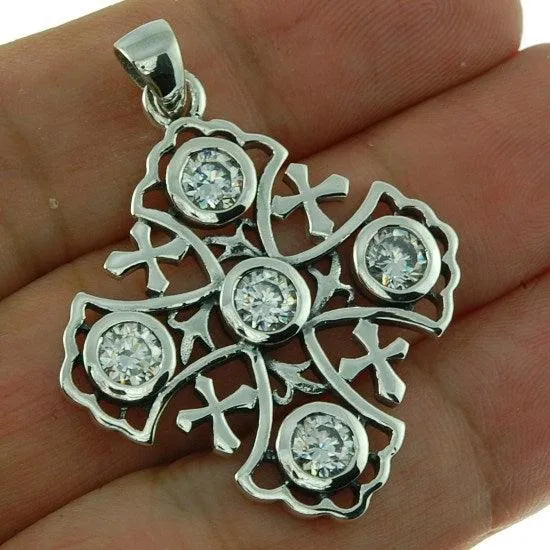 Jerusalem Cross Sterling Silver 925 Pendant With White Gemstones