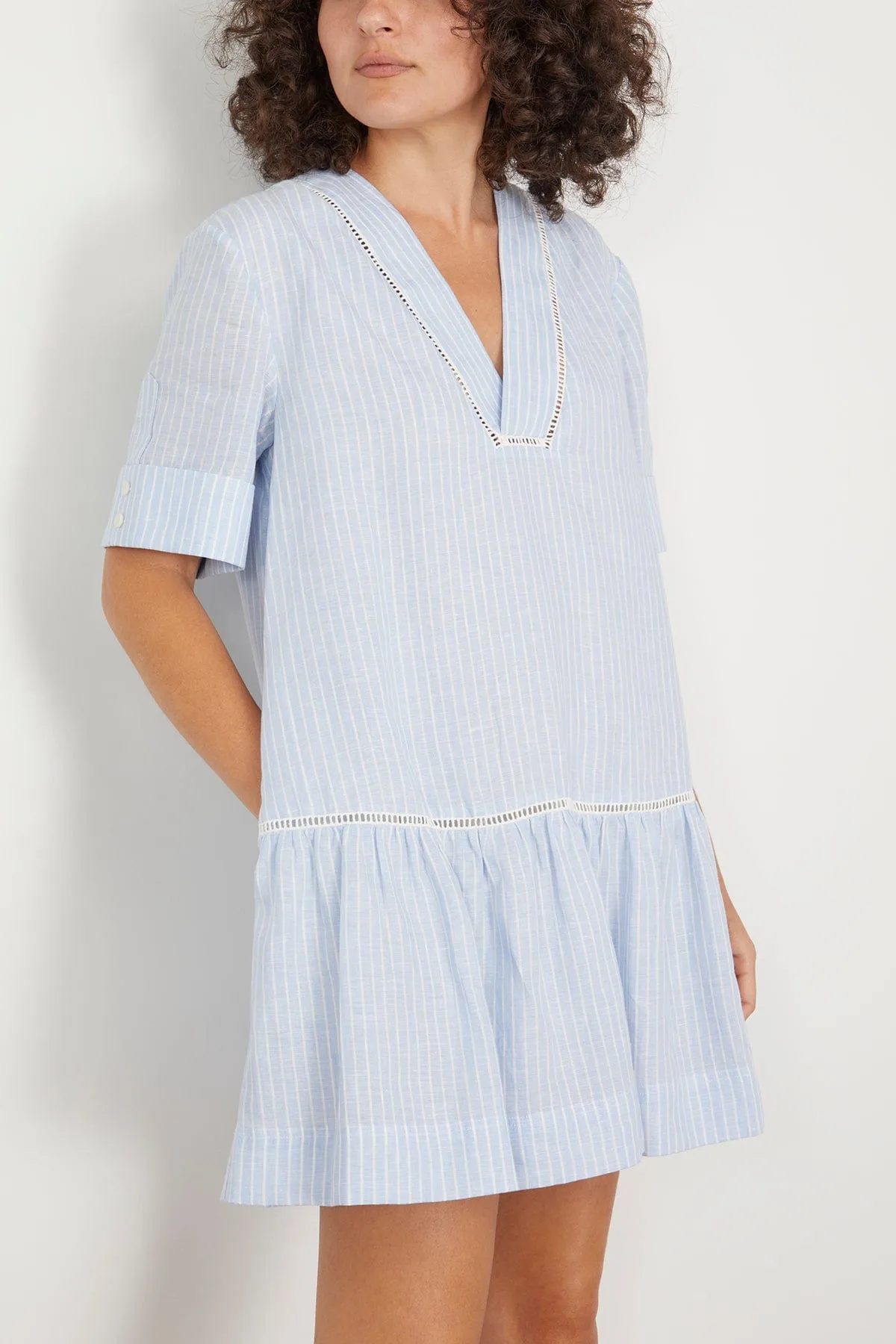 Jori Short Sleeve V-Neck Mini Dress in French Blue Stripe