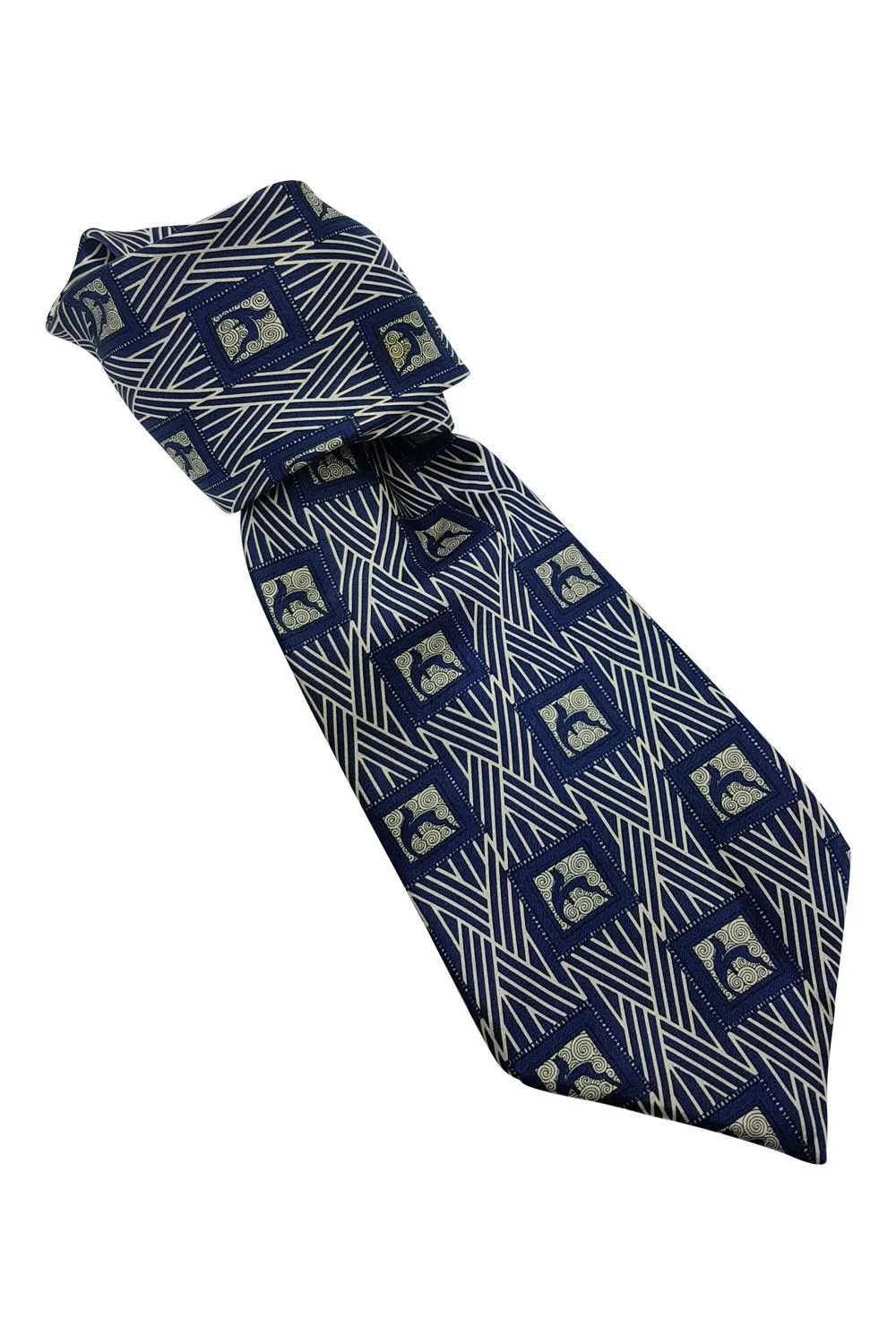 LANVIN Blue 100% Silk Geometric Print Classic Length Designer Tie (58")