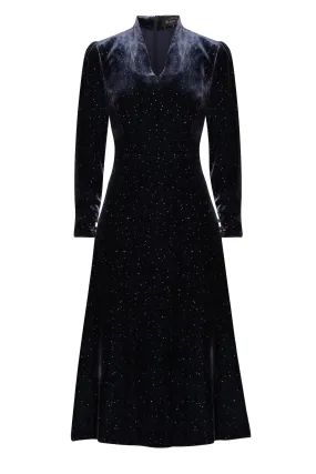 Long-Sleeved Midi Dress with Flared Skirt in Navy Sparkle Velvet - Sophie