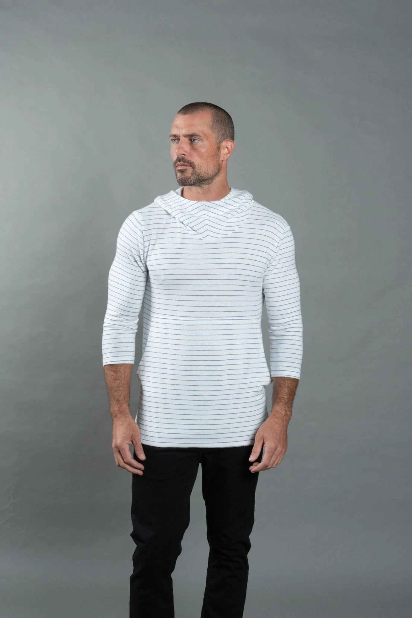 Men's 3/4 Sleeve Cowl Neck Visor Hoodie - White & Navy Thin Stripe