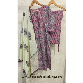 ONION PINK BLOCK PRINTED COTTON KURTA SET