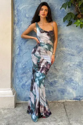 Phantasy | Multi Print Asymmetric Neckline Cowl Maxi Dress