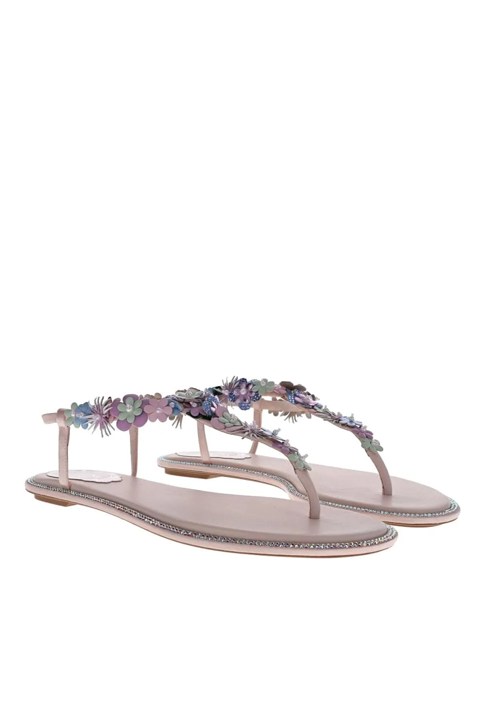 Pink Floral Flat Leather Sandals