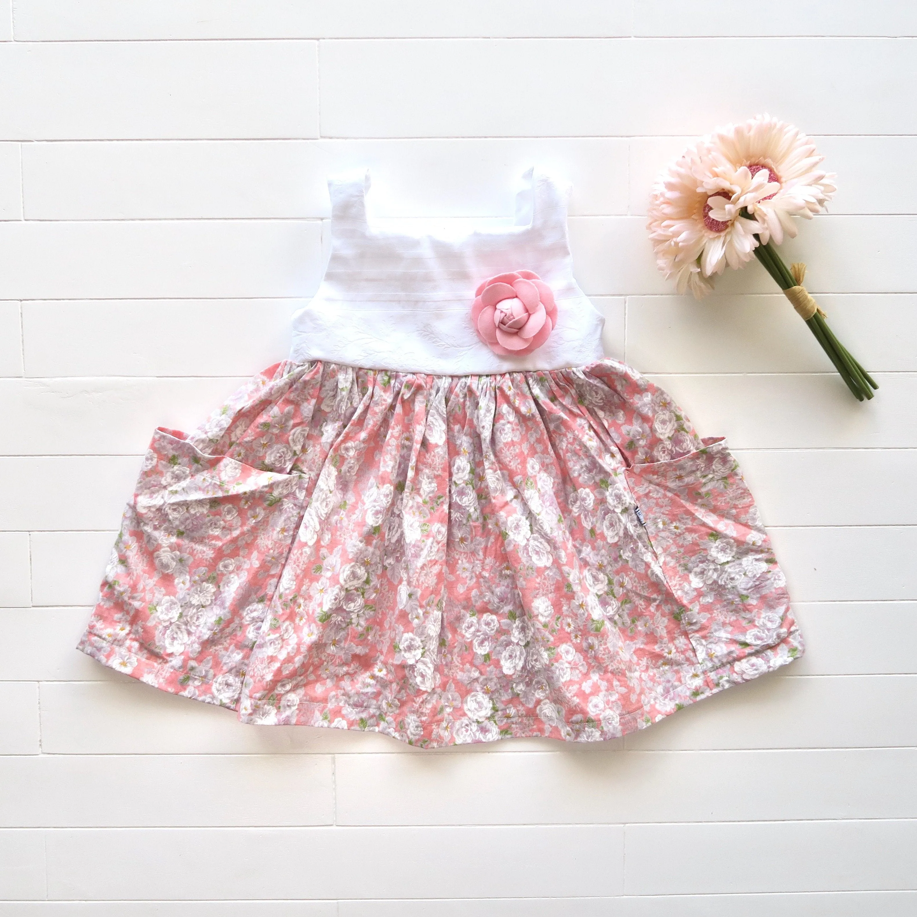 Poppy Dress in White Embroidery and Pale Flowers Pink