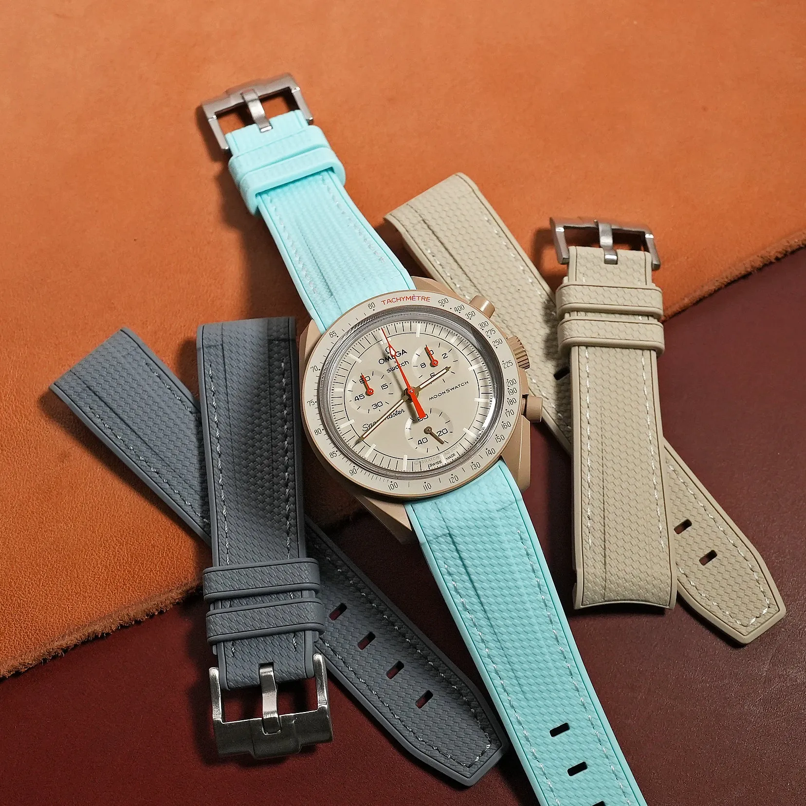 Retro Curved End Rubber Strap for Omega x Swatch Moonswatch in Baby Blue