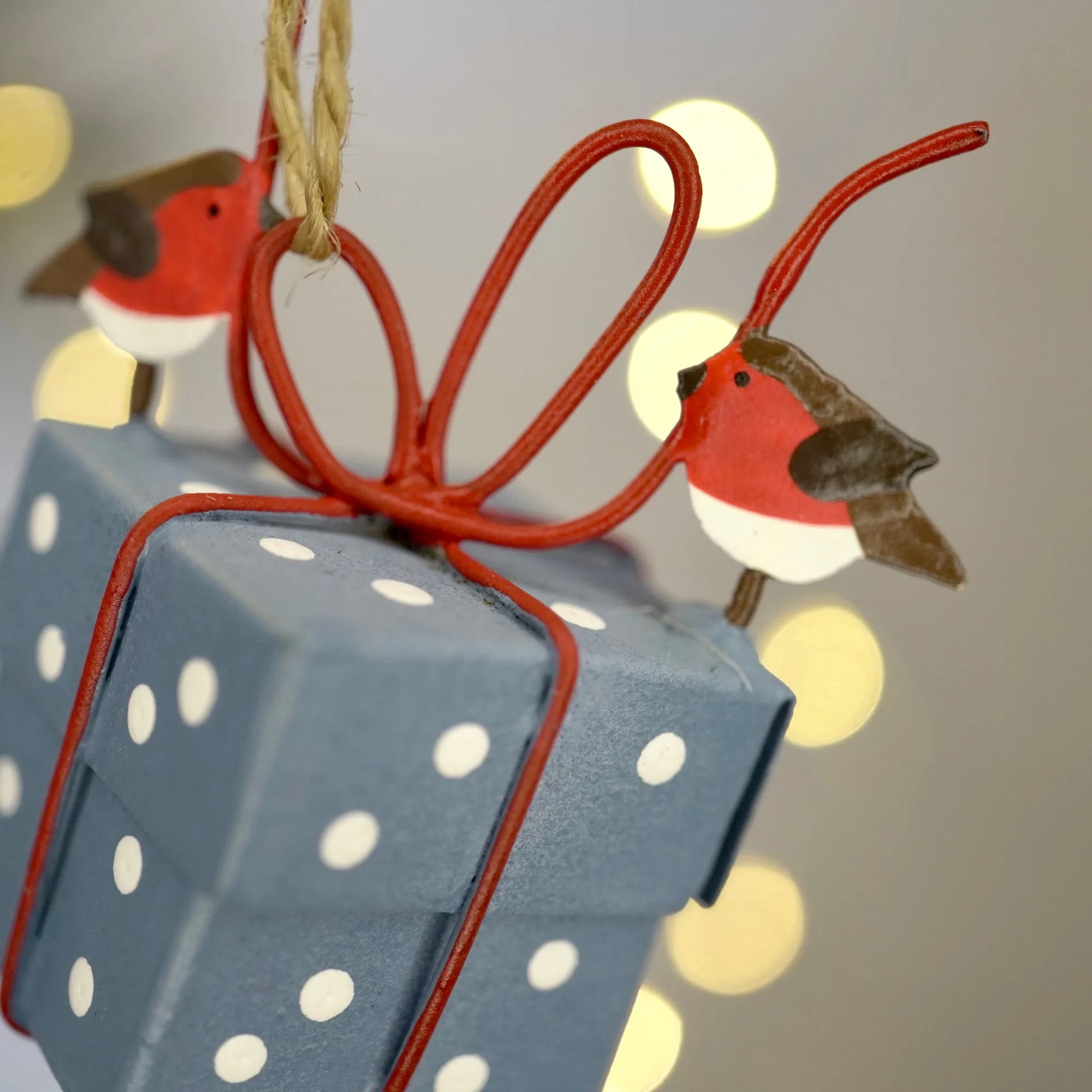 Robins Tying Blue Christmas Parcel