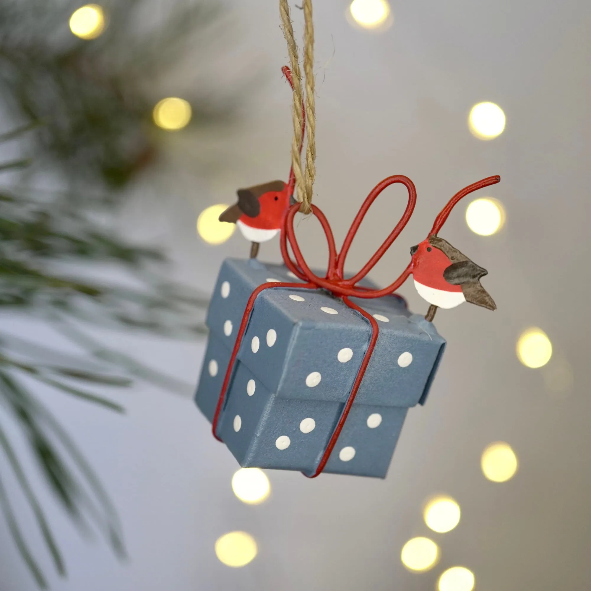 Robins Tying Blue Christmas Parcel