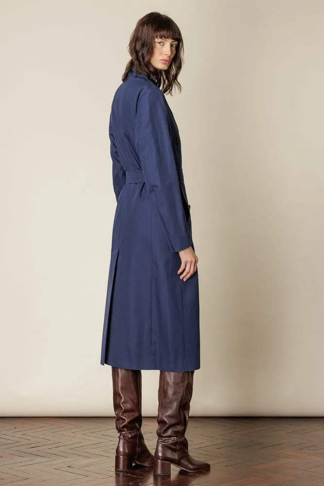 (RTW) Long Double Breasted Trench Coat with Belt - Blue Cotton Gabardine