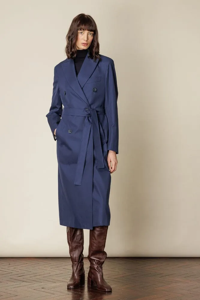 (RTW) Long Double Breasted Trench Coat with Belt - Blue Cotton Gabardine