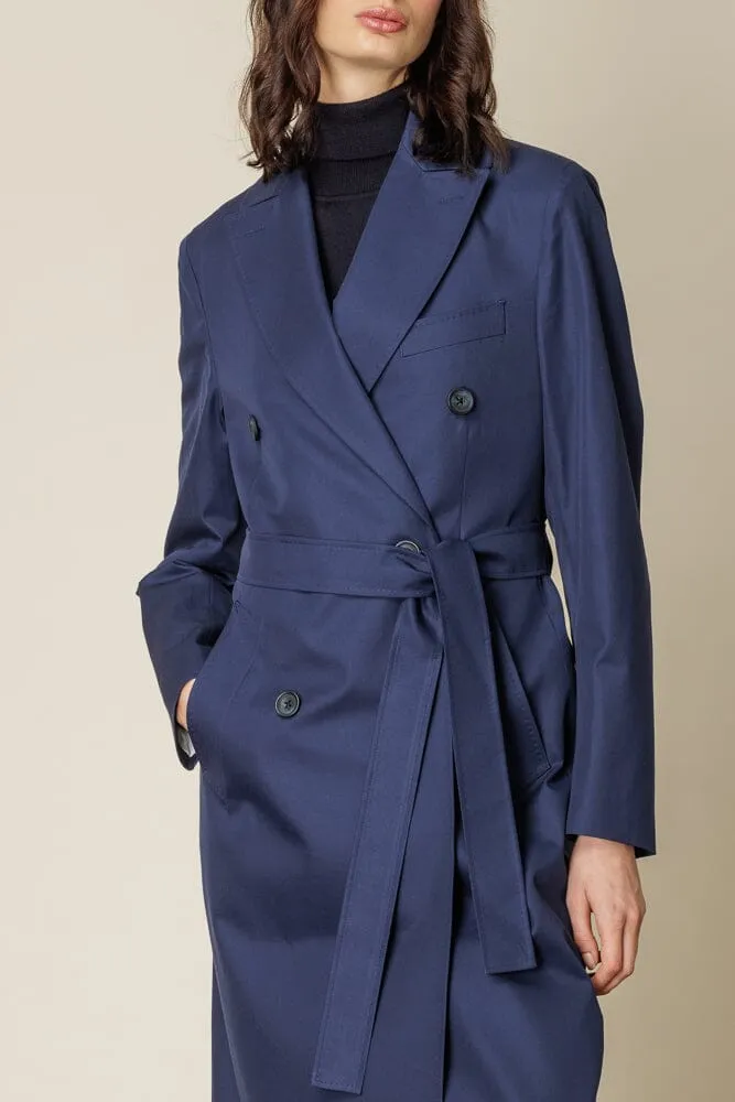 (RTW) Long Double Breasted Trench Coat with Belt - Blue Cotton Gabardine