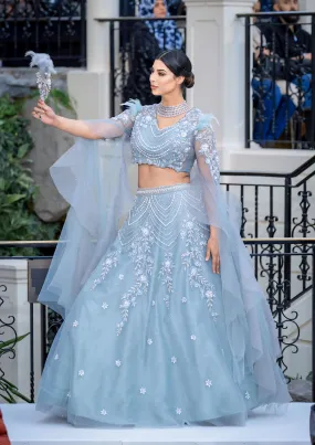 Sky Blue Feather Embellished Bridal Reception Partywear Lehenga