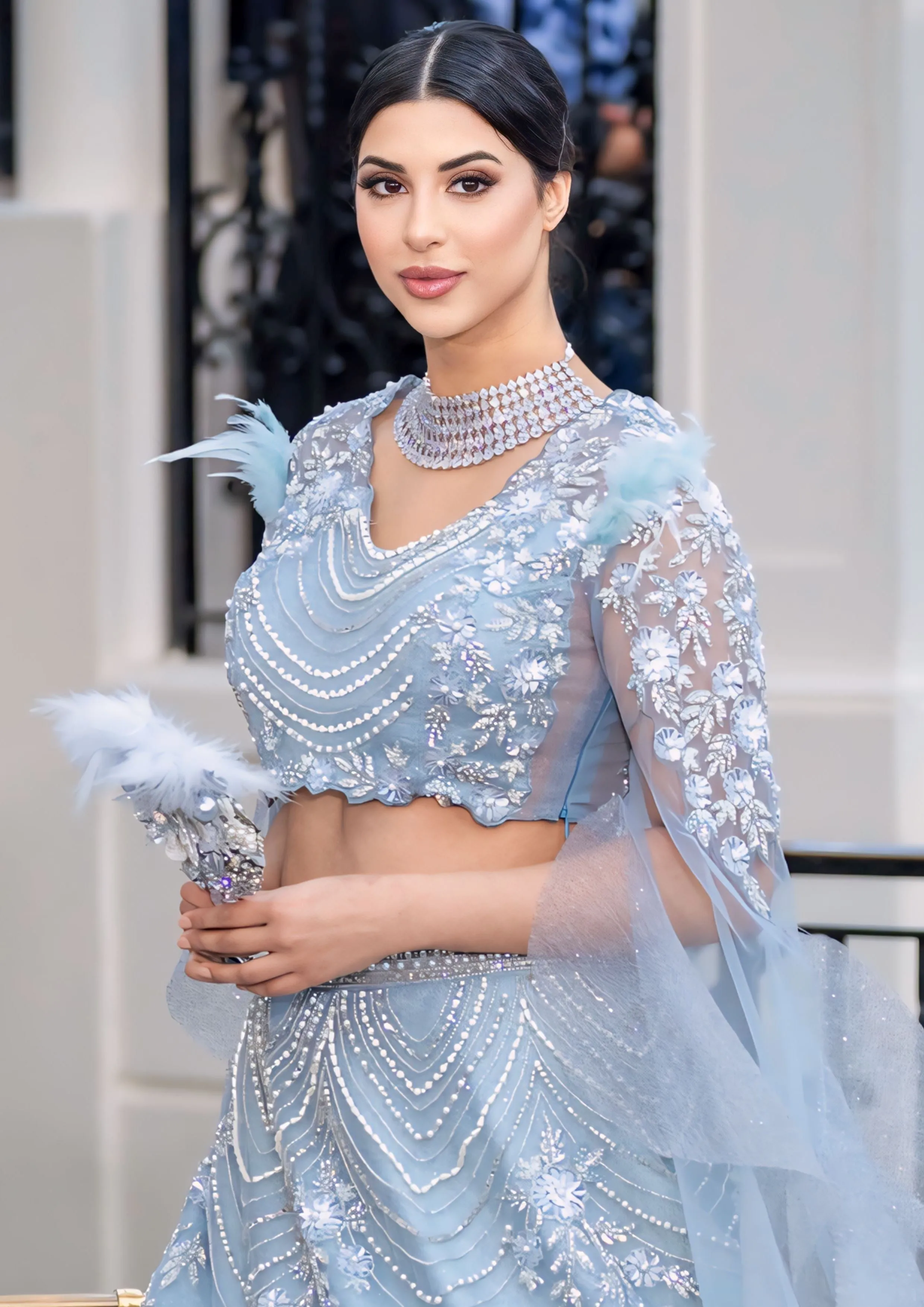 Sky Blue Feather Embellished Bridal Reception Partywear Lehenga