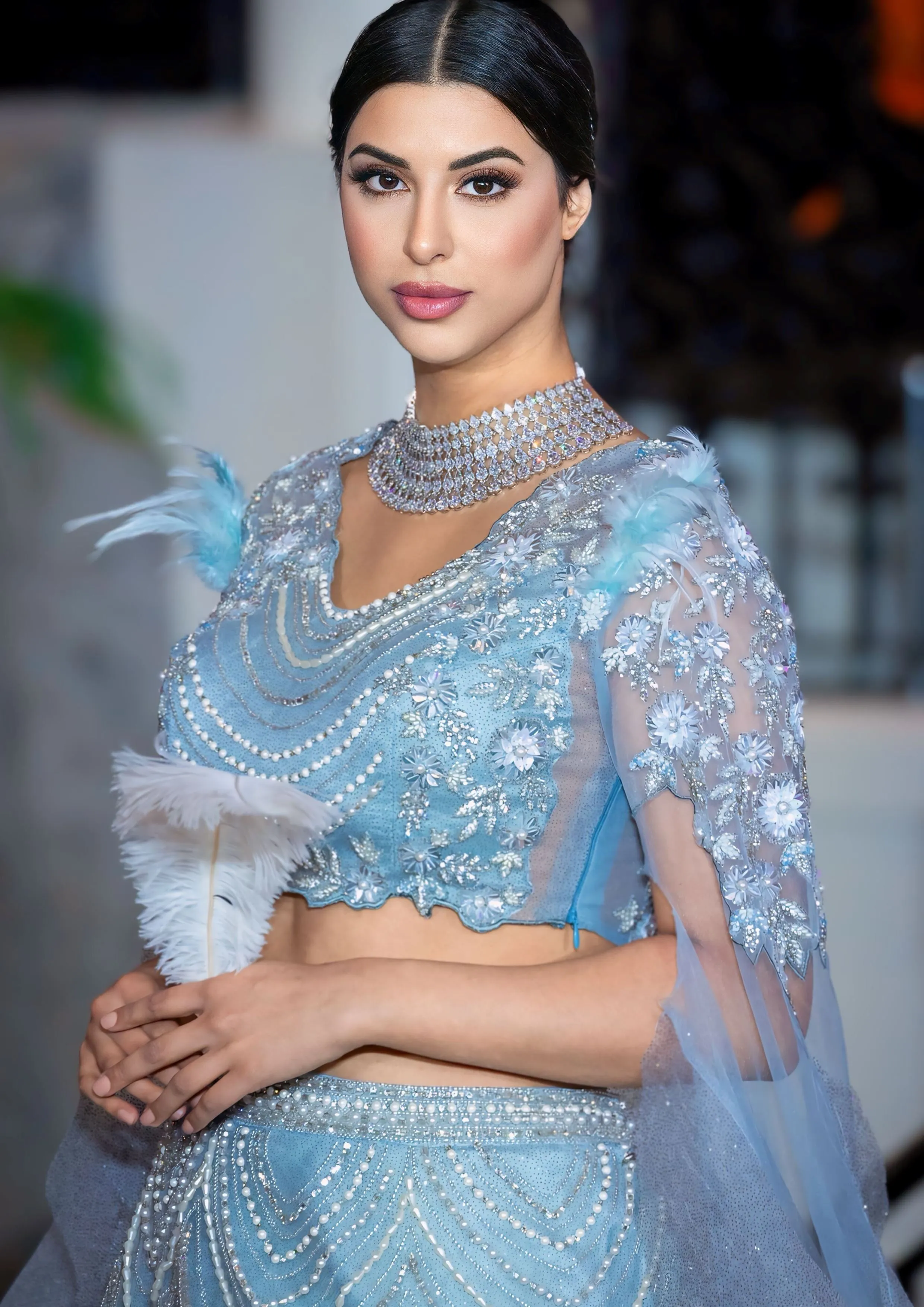 Sky Blue Feather Embellished Bridal Reception Partywear Lehenga